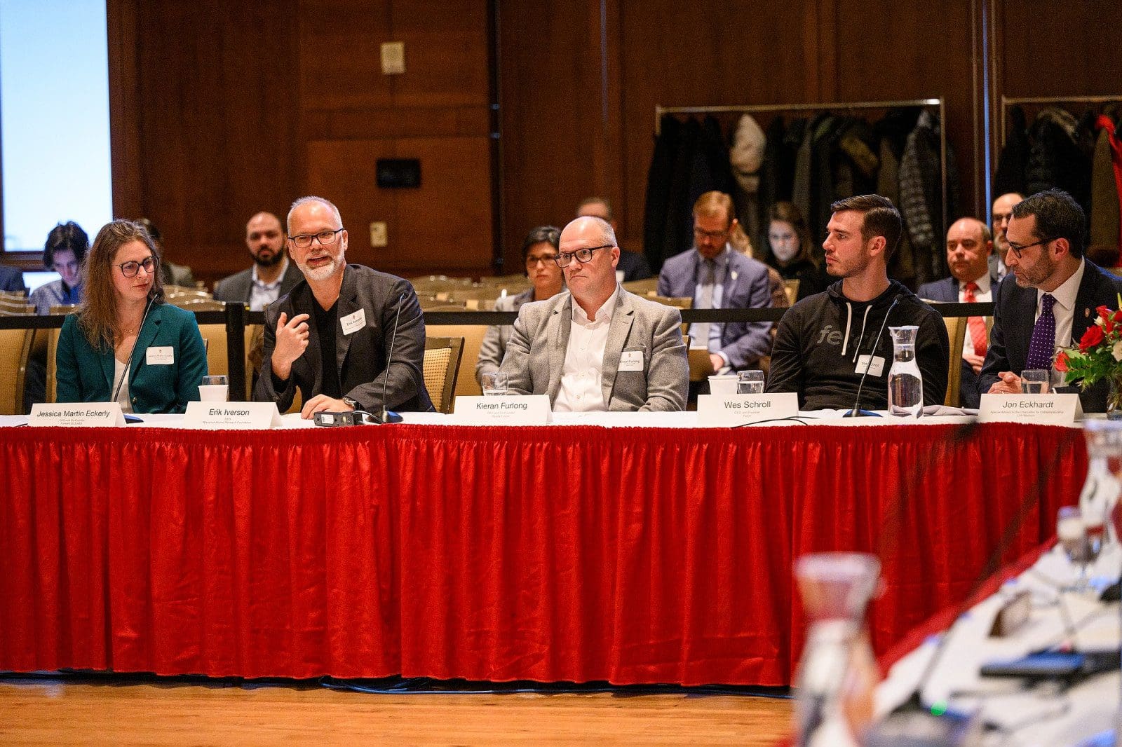 Erik Iverson, CEO of the Wisconsin Alumni Research Foundation, speaks during a panel presentation titled “Empowering Innovation and Entrepreneurial Excellence” on Feb. 7. From left to right are Jessica Martin Eckerly, Iverson, Kieran Furlong, Wes Schroll and Jon Eckhardt. Photo: Althea Dotzour