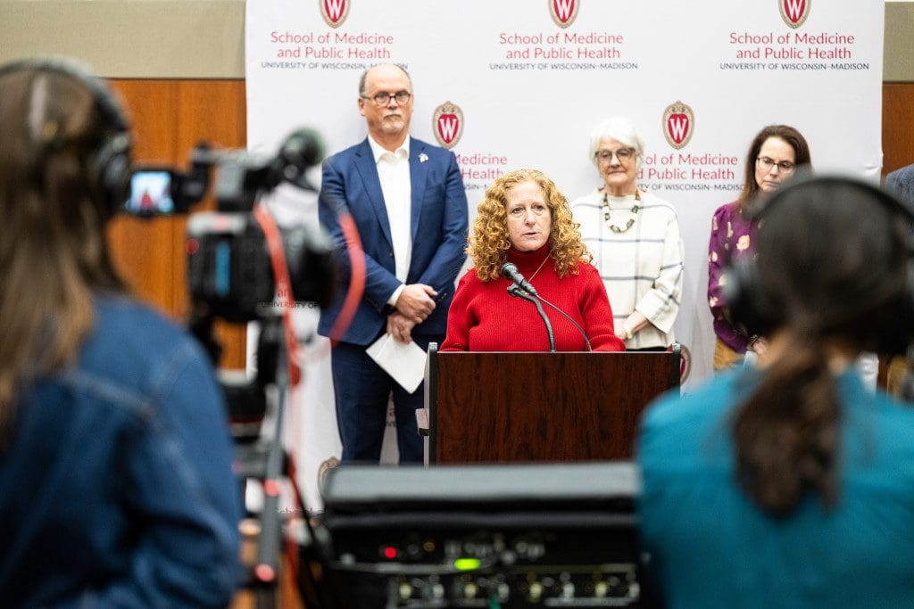 UW–Madison Chancellor Jennifer L. Mnookin speaking at press conference. Photo by Bryce Richter